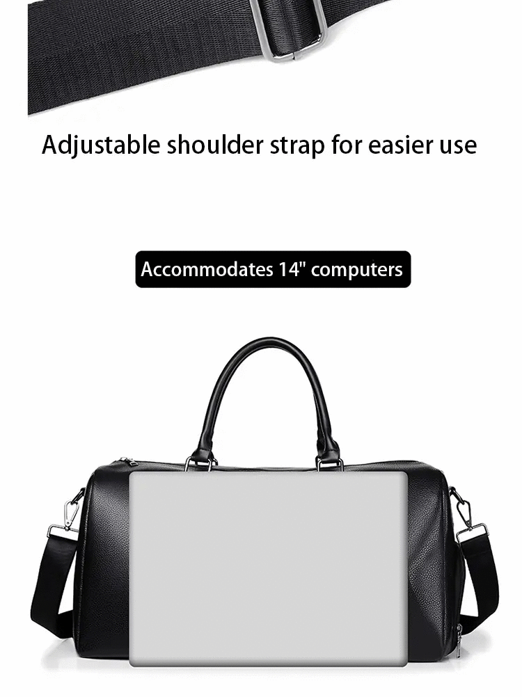 Simples Market black PU leather duffel bag with top handles and detachable shoulder strap; fits 14-inch laptops.
