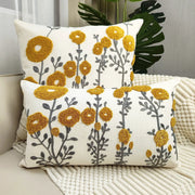 2 cushion covers in boho floral tufted embroidery, cream fabric with yellow flowers