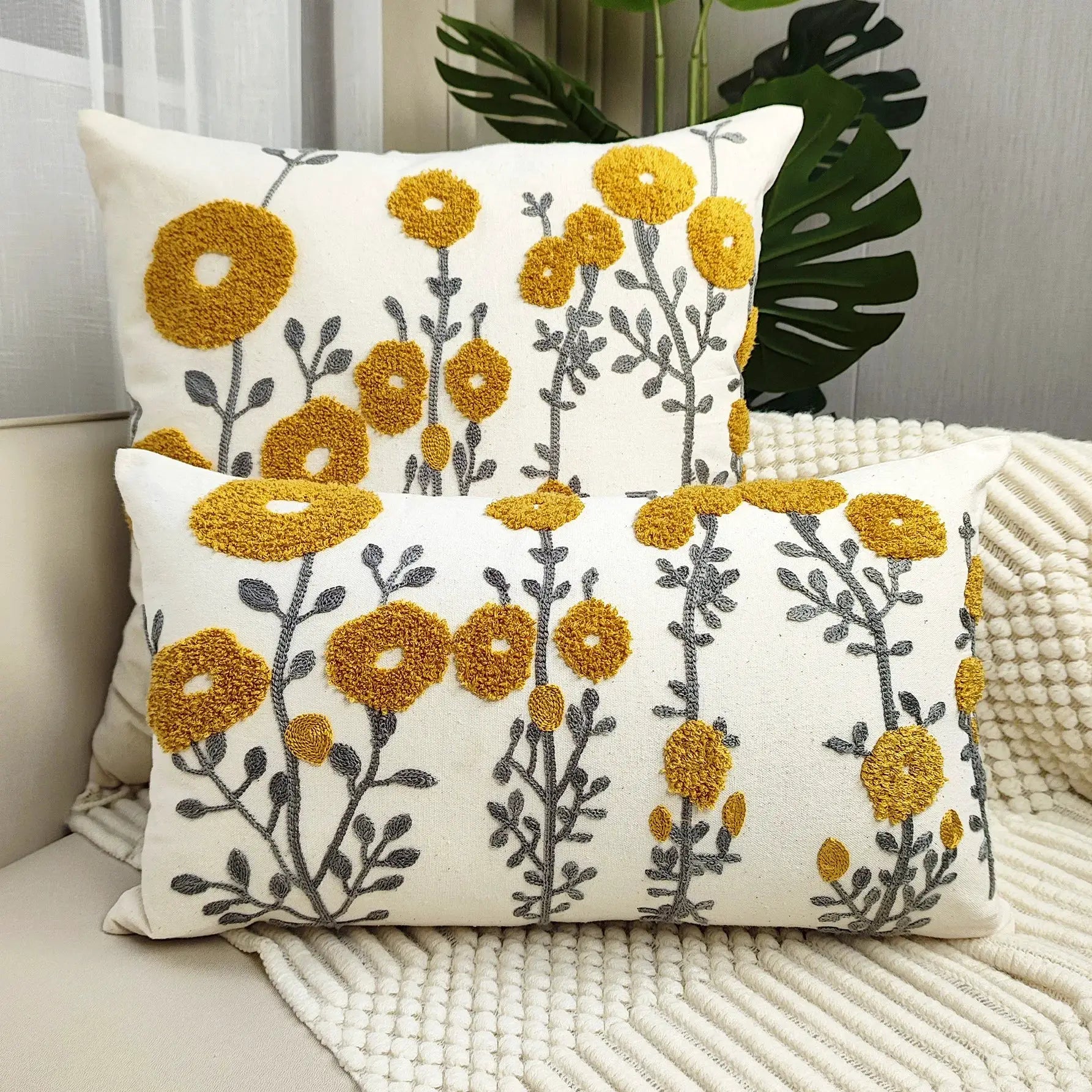 2 cushion covers in boho floral tufted embroidery, cream fabric with yellow flowers