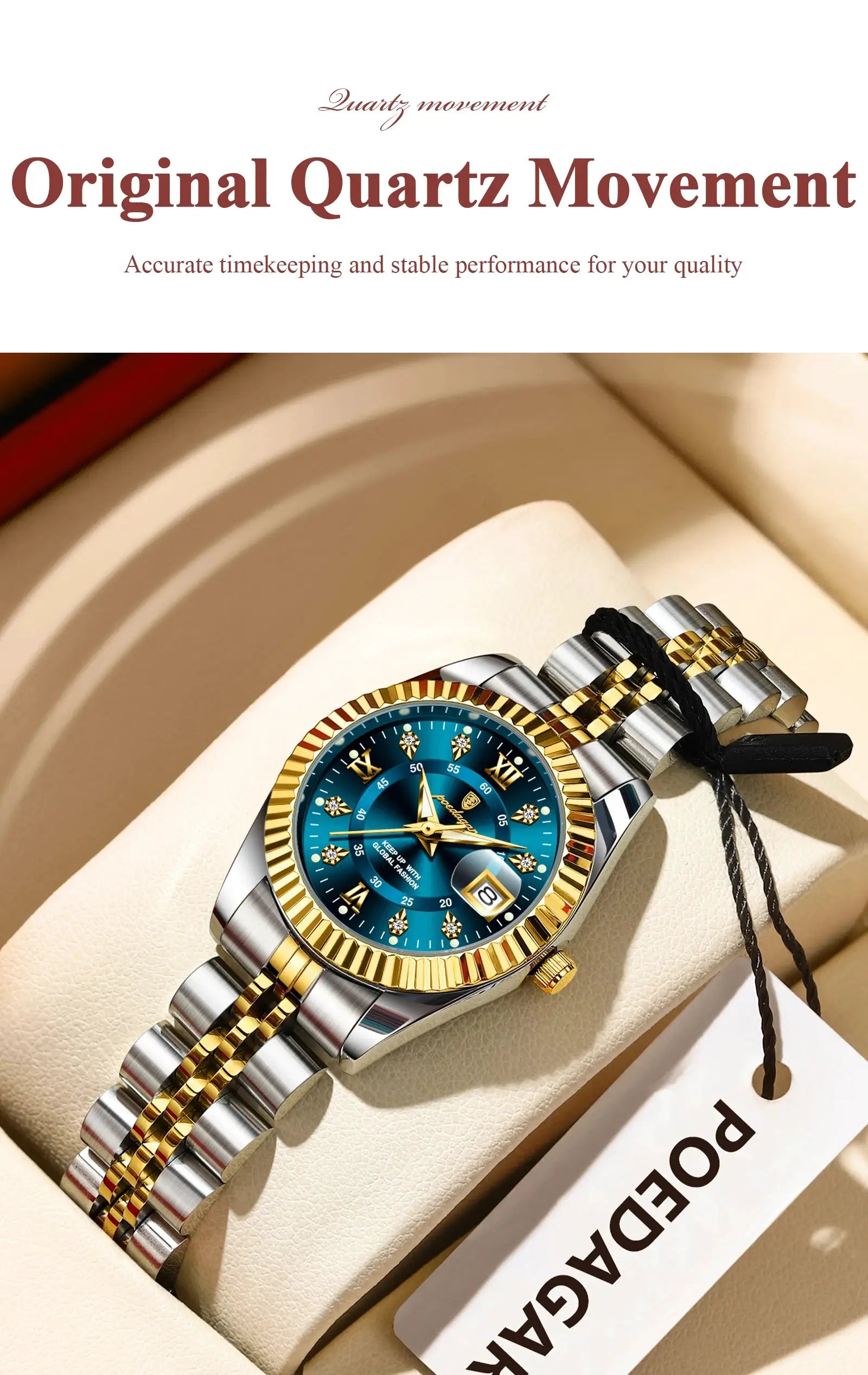 POEDAGAR women's luxury watch with blue dial, gold bezel, waterproof stainless steel two-tone bracelet