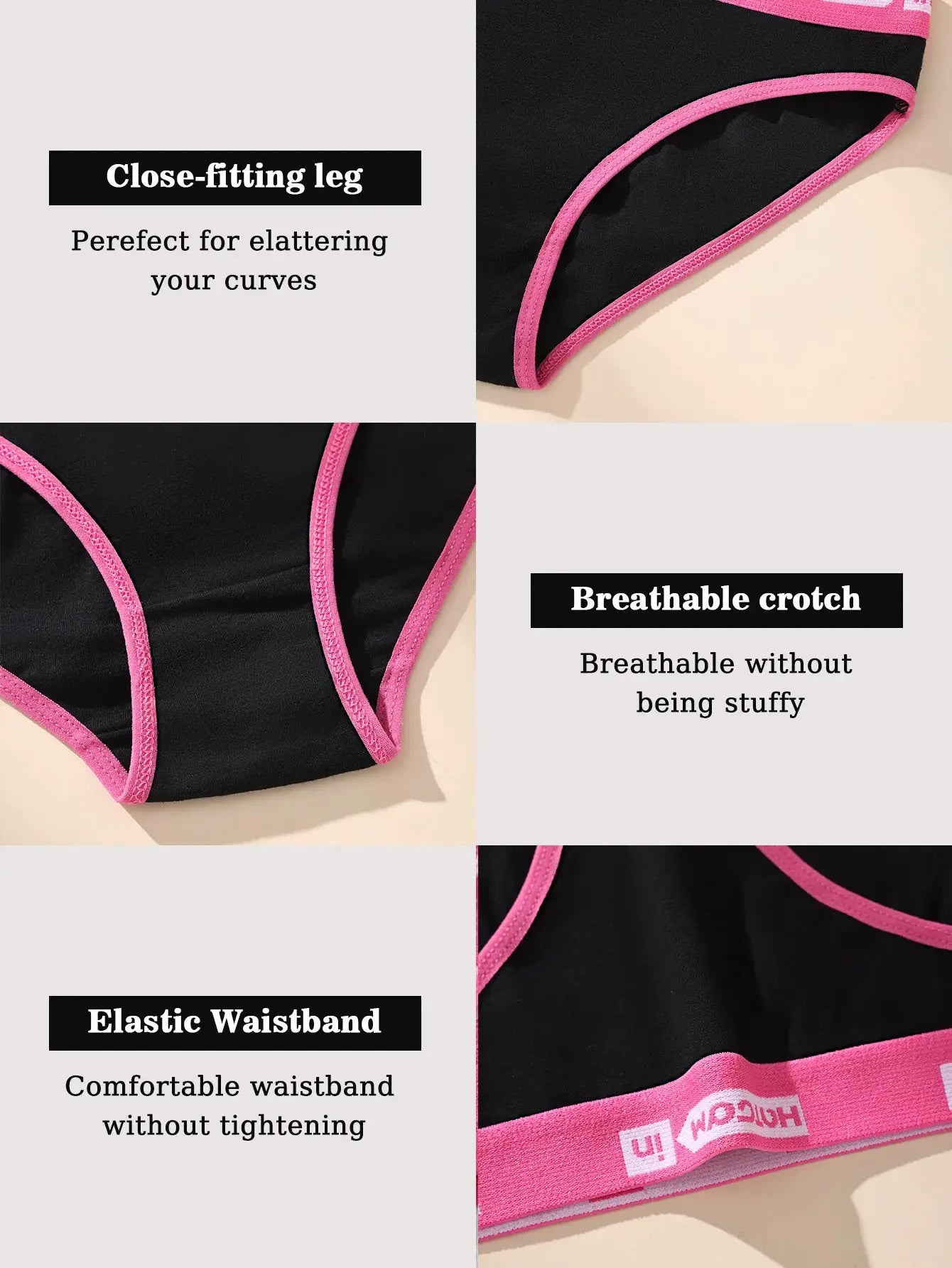 6-piece black cotton panties set by Simples Market with pink trim; breathable.