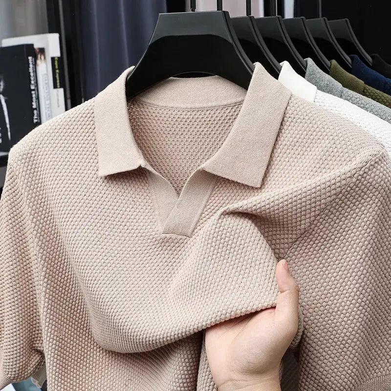 Beige 100% cotton polo shirt by Simples Market with textured knit.