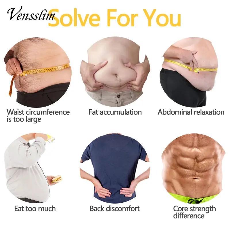 Vensslim waist trainer belt by Simples Market; six collage images show waist size, fat, back discomfort, core strength