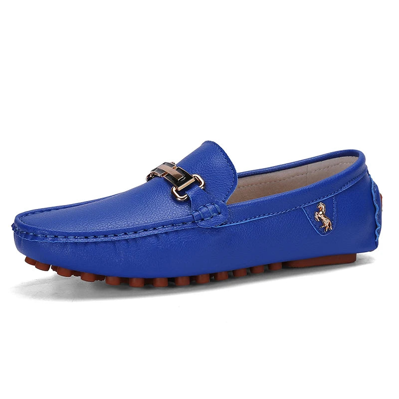 Men's blue PU leather loafers with gold horsebit strap and polo logo, brown studded outsole.