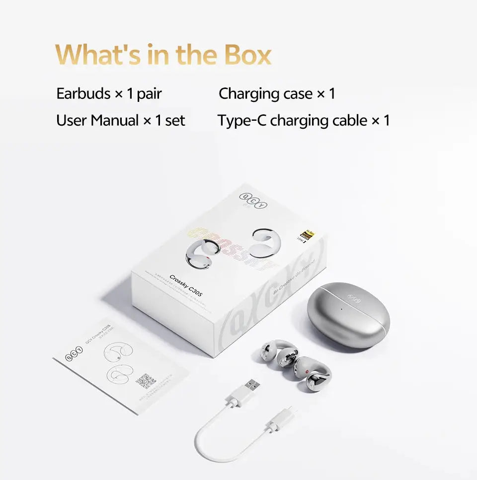 QCY Crossky C30S open-ear wireless earphones with charging case and USB-C cable