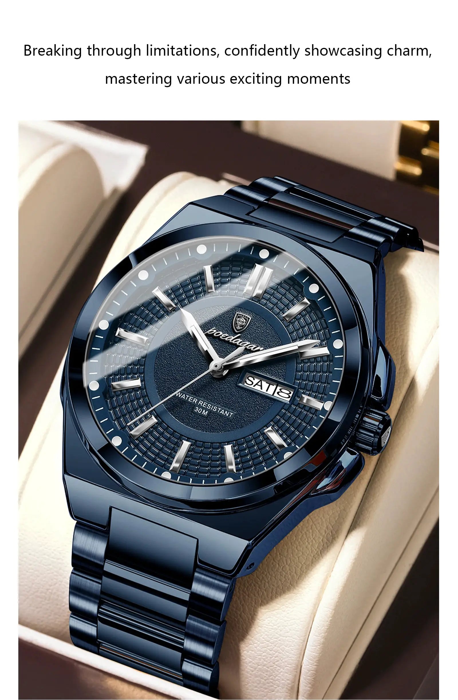 POEDAGAR sport men's wristwatch, blue stainless steel with luminous dial and date window