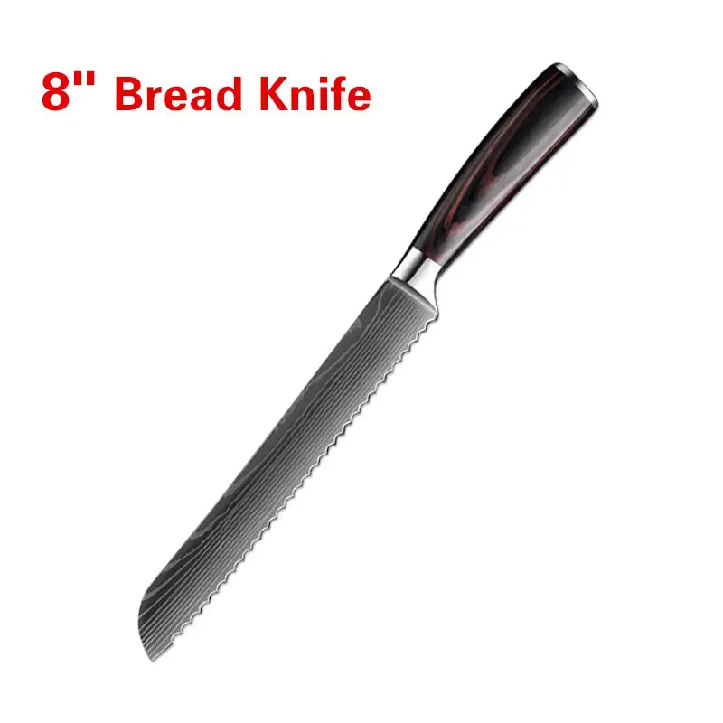 Professional Laser Damascus Kitchen Knife With Wood Handle For Bread Fruit Fish Meat Boning And Slicing
