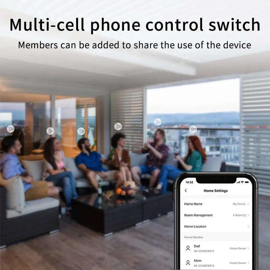 Simples Market RF433 WiFi smart wall switch, 1/2/3/4 gang US, touch LED, Tuya-compatible, shown with mobile app