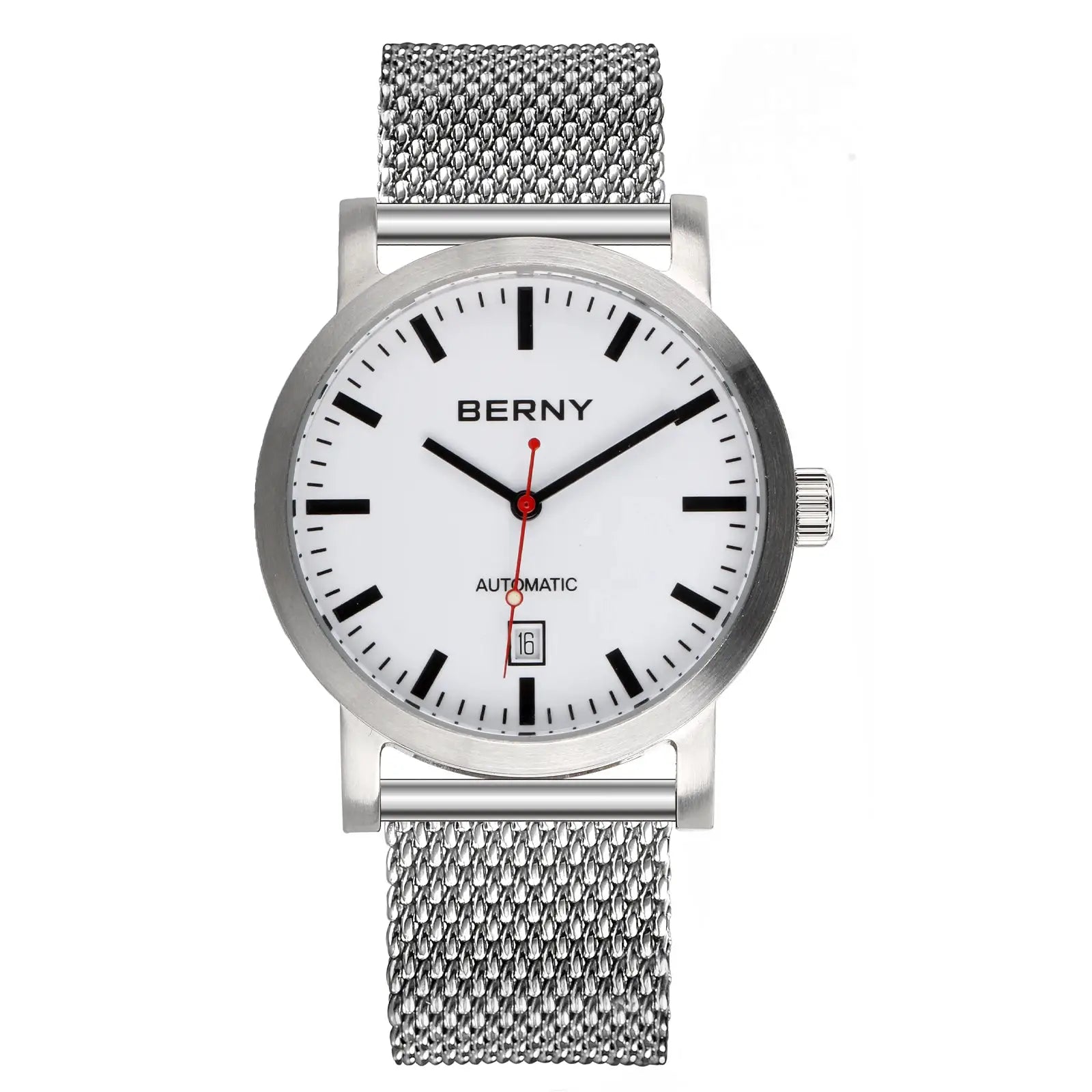 BERNY men's automatic wristwatch with white dial, black hour markers, red second hand, and stainless steel mesh bracelet