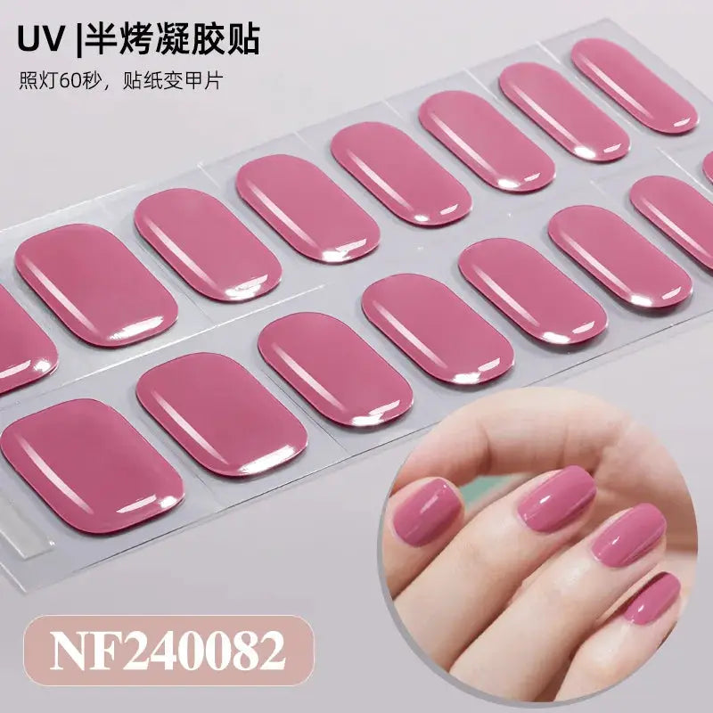 Semi-cured gel nail wrap set in pink, full-cover manicure stickers for UV lamp, 16/20/22 tips