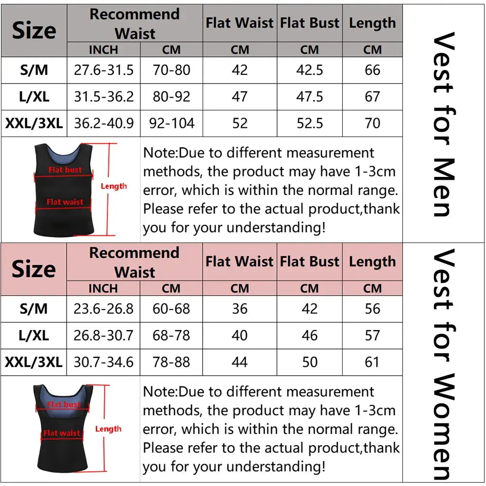 Simples Market neoprene sauna vest size chart for men and women with bust, waist and length measurements