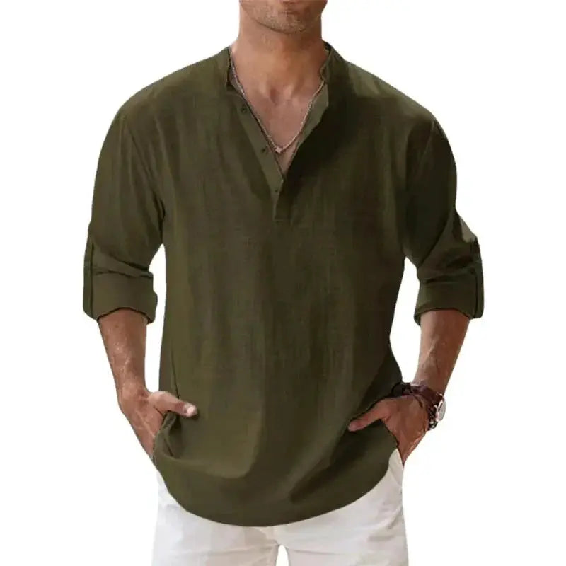 Men's Lightweight Long Sleeve Henley Shirts Cotton Linen Blend Breathable Casual Beachwear Tee
