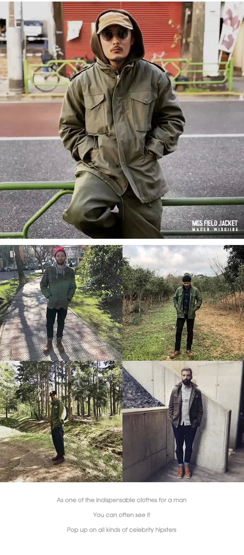 M65 field jacket for men in olive green with four front pockets, military-style windbreaker