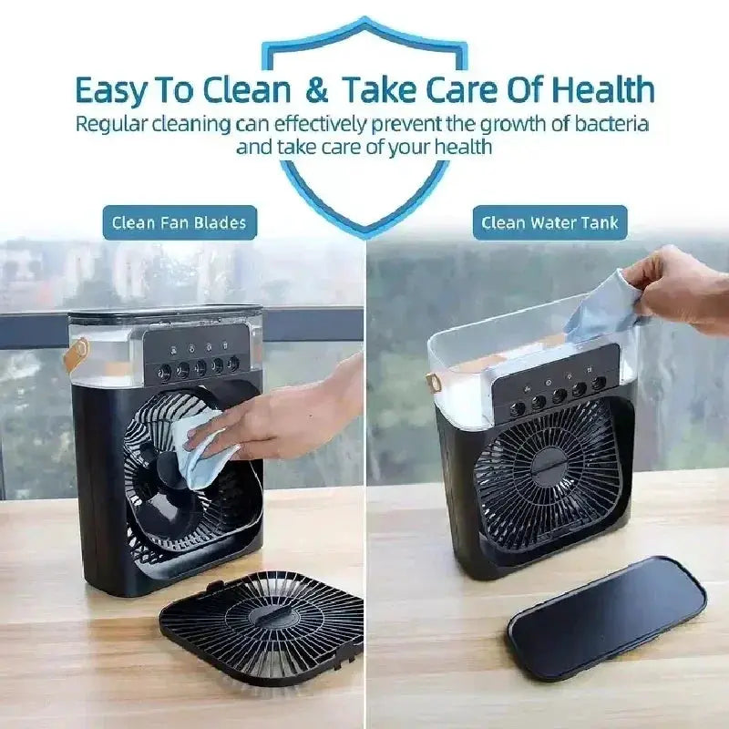 Simples Market 3-in-1 portable air cooler and fan; black compact unit with water tank, humidifier and LED night light
