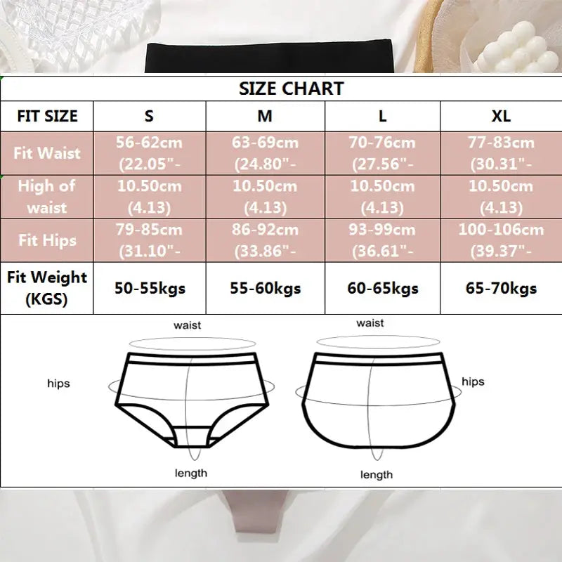 Seamless high-waist women’s underwear with black waistband; front and back brief diagrams and S-XL size chart