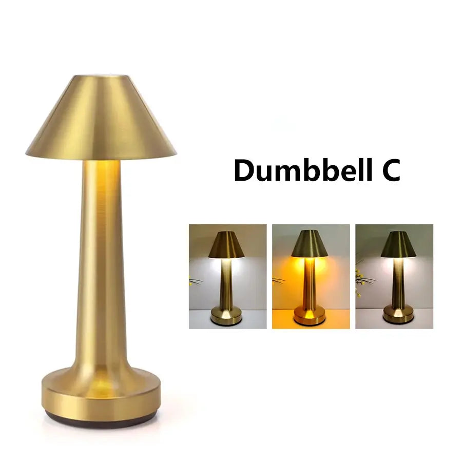 Simples Market gold metal LED table lamp with touch control, rechargeable desk light; shown with 3 color temperatures.