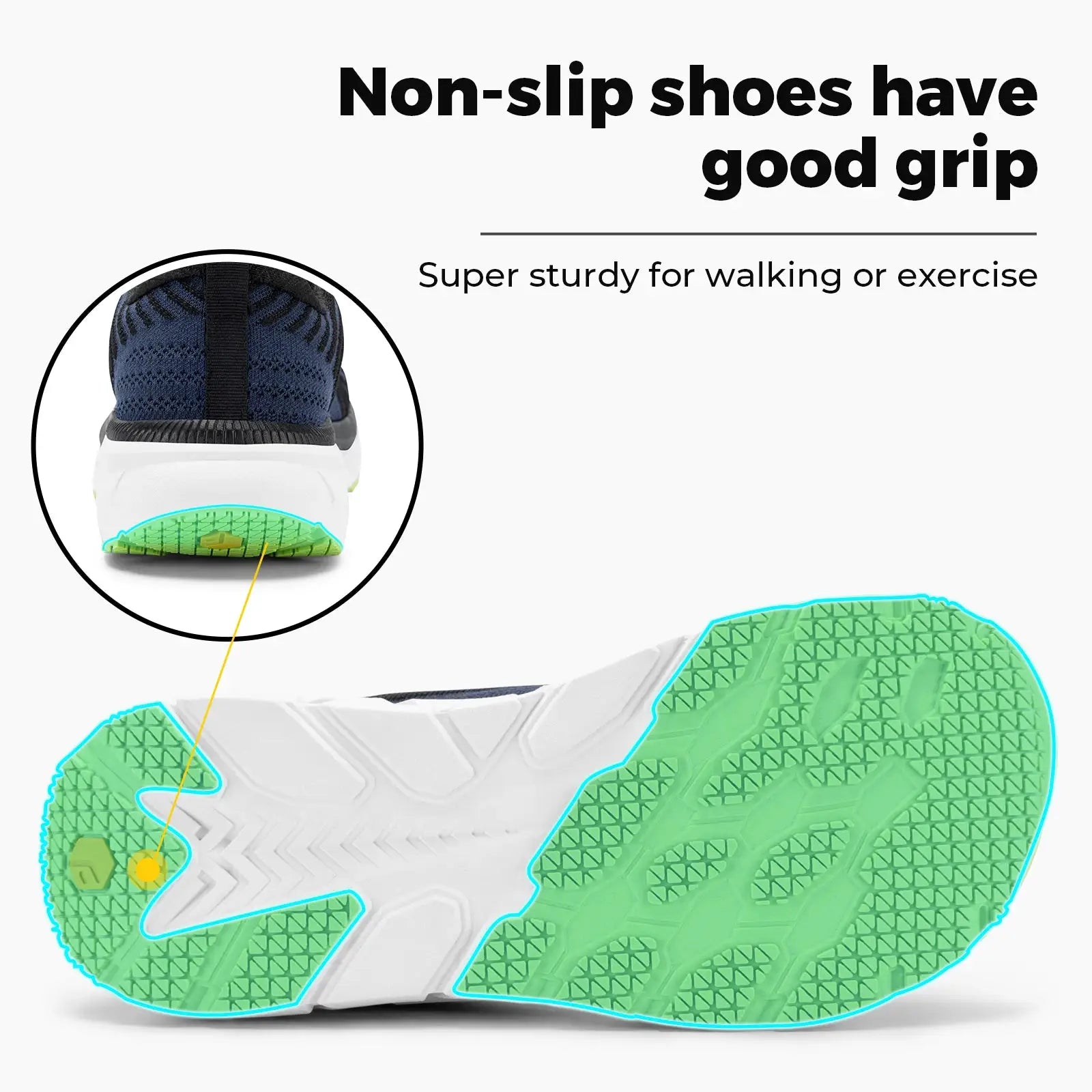 FitVille men’s wide-toe-box running shoes with cushioned comfort, navy knit upper and neon outsole for non-slip grip.