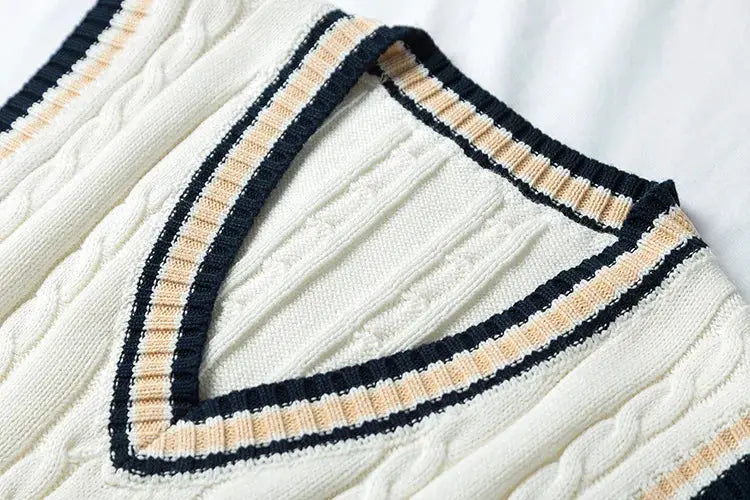 Sweater vest by Simples Market, cream cable-knit with navy/beige striped V-neck trim