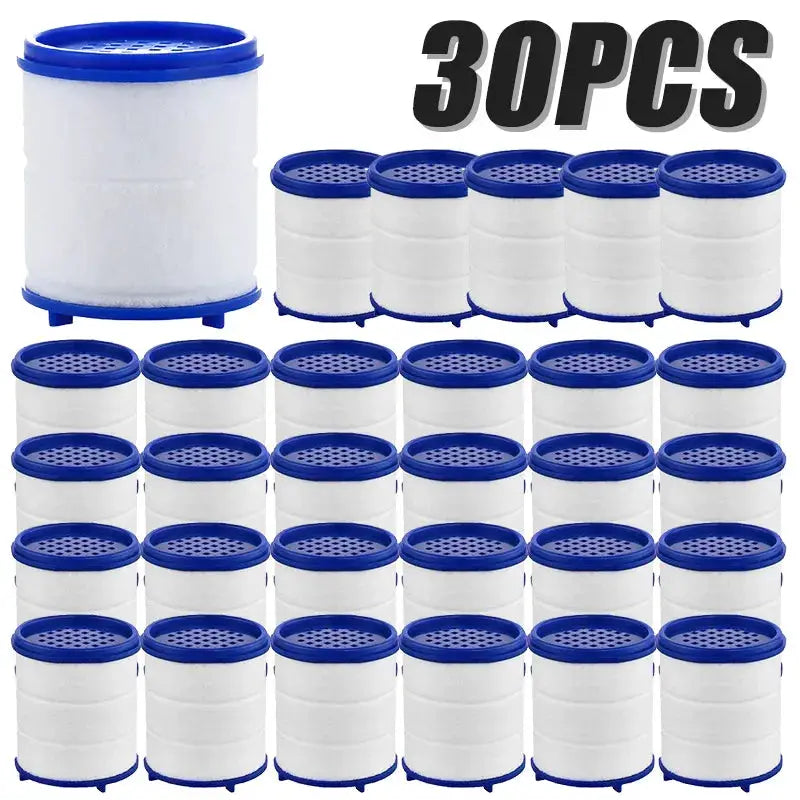 30pcs faucet filter cartridges by Simples Market, white PP cotton with blue ends for kitchen and bath taps.