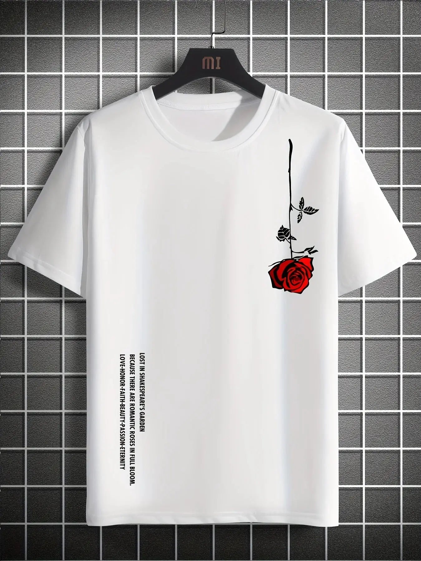 Men's 100 Percent Cotton Rose Print T Shirt Summer Casual Slim Fit Round Neck Short Sleeve Top