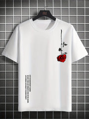 Men's 100 Percent Cotton Rose Print T Shirt Summer Casual Slim Fit Round Neck Short Sleeve Top