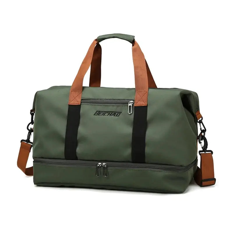 Expandable travel duffle bag for women by Simples Market, green with brown handles and detachable strap