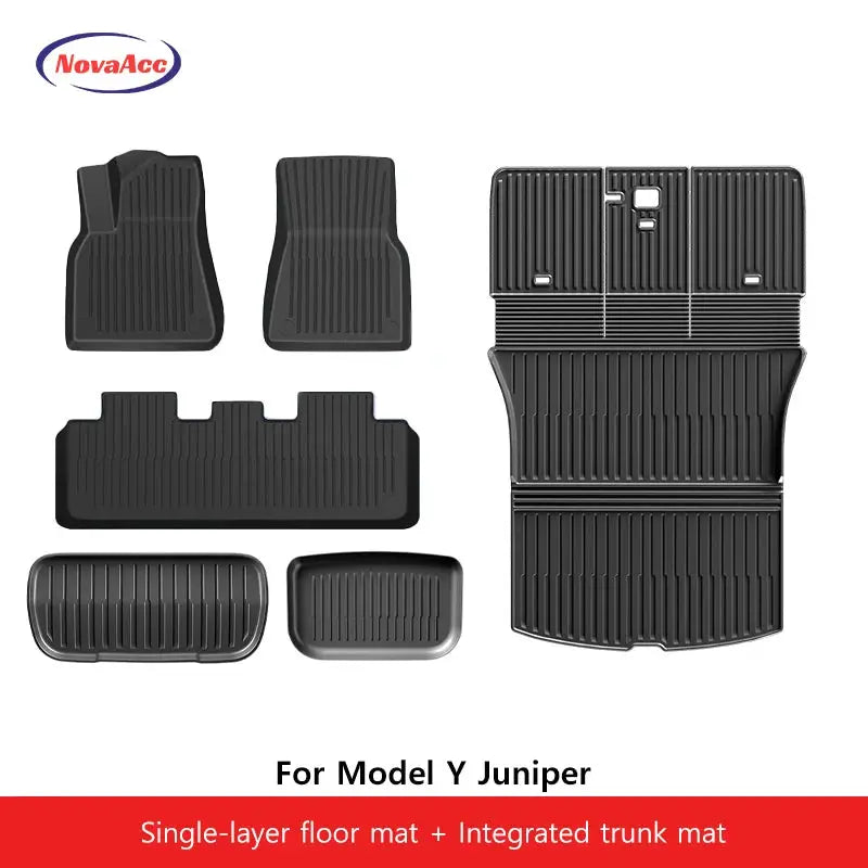 Six-piece NovaAcc all-weather floor mat set for Tesla Model Y Juniper with trunk mat; black TPE