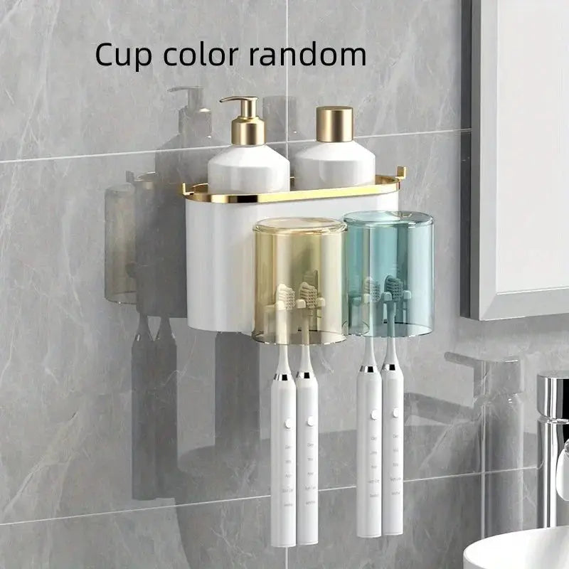 BrightNest Toothbrush Holder With Squeezer And Mouthwash Cup Adhesive Mount Perforation Free Design For Home Organizing