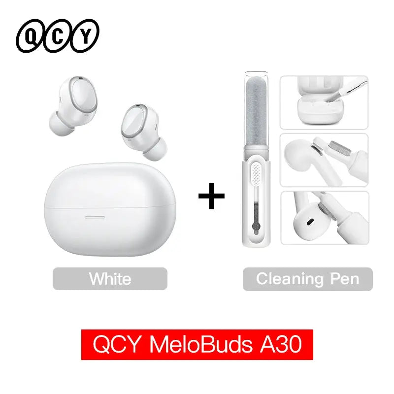 QCY MeloBuds A30 wireless earbuds in white with charging case and cleaning pen kit (2 earbuds)