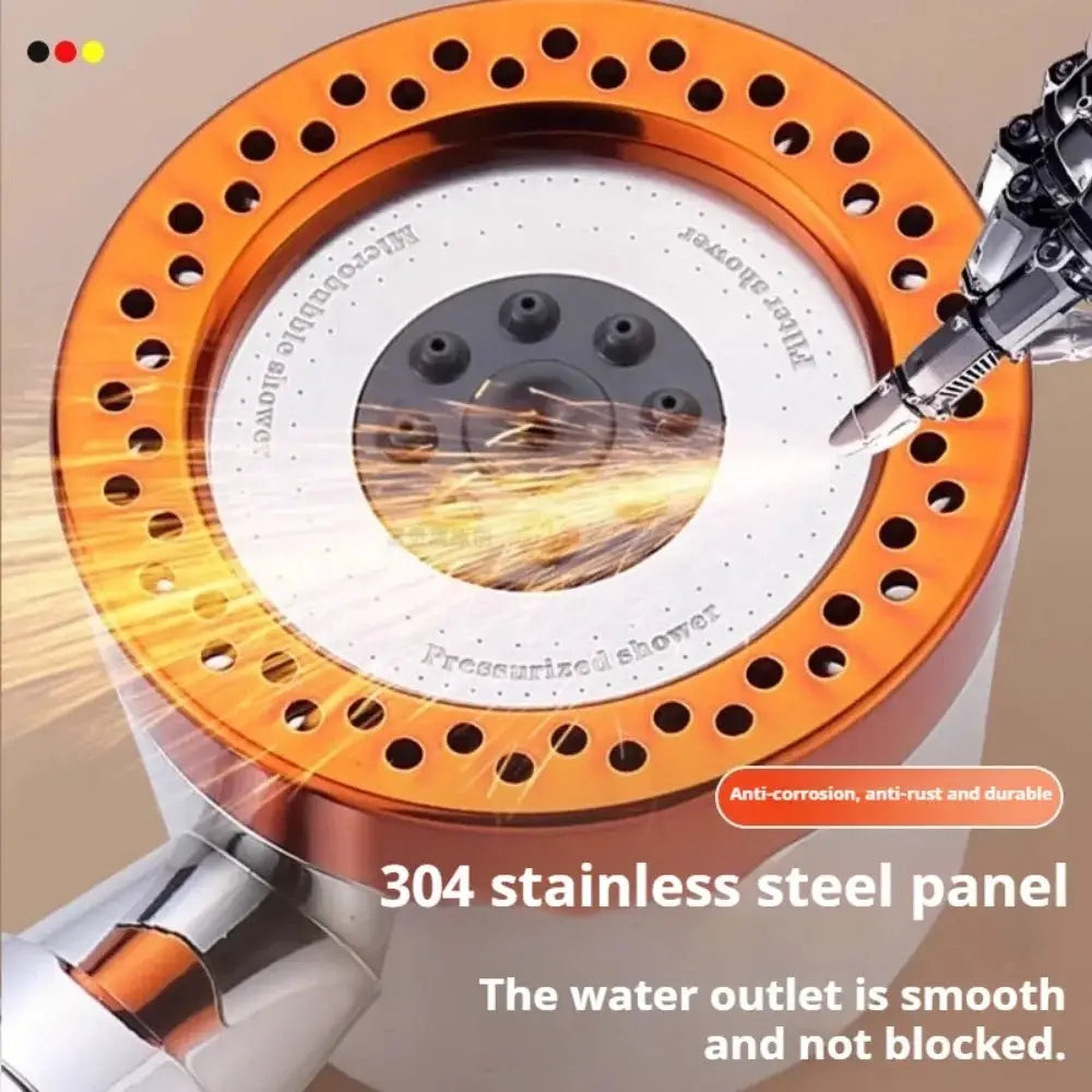 Shower head Simples Market, 5-mode, with 304 stainless steel panel and orange outer ring, high-pressure rain spray.