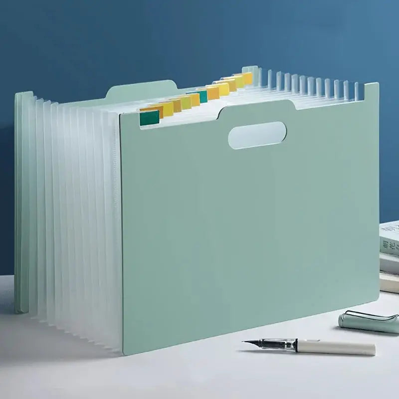 Mint green A4 foldable file storage box with multiple-pocket dividers and color-coded tabs