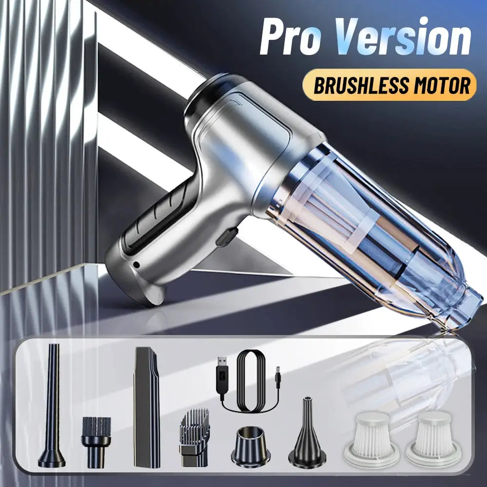 Car vacuum cleaner; silver wireless handheld with a transparent dustbin and included attachment set.