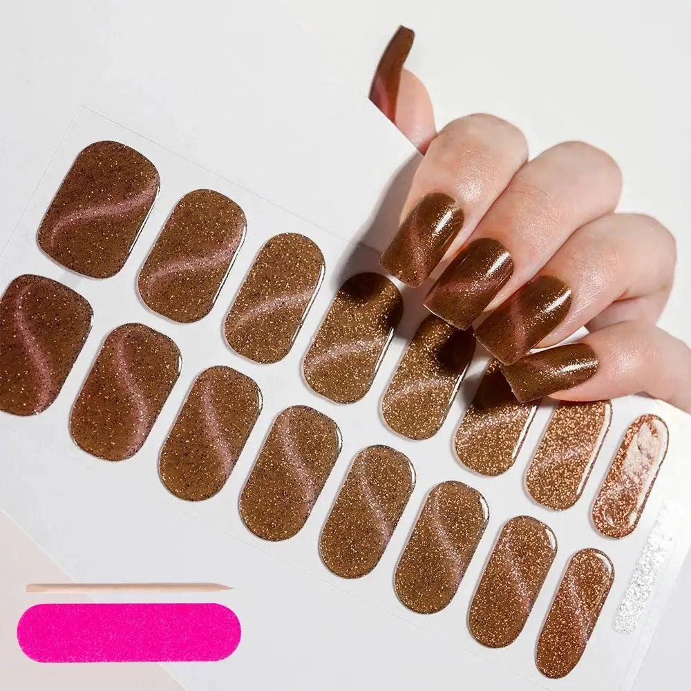 Gel nail wrap sheet by Simples Market; brown glitter full-cover decals, 12 pieces for UV lamp cure