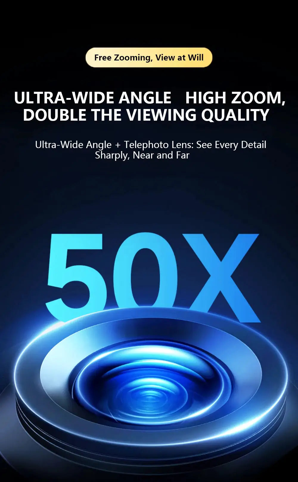 Outdoor wireless PTZ security camera promo graphic featuring a bold 50X zoom lens