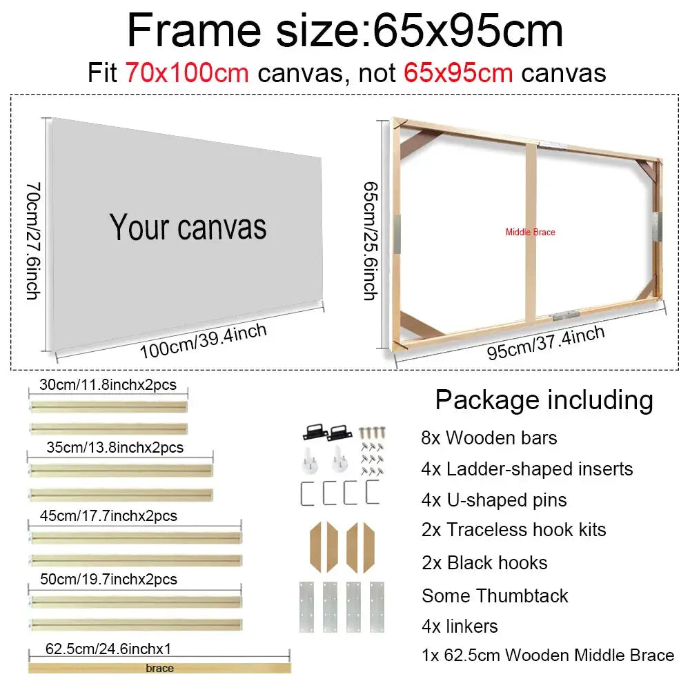 Natural wooden canvas frame kit 65x95 cm fits 70x100 cm canvases; middle brace included.