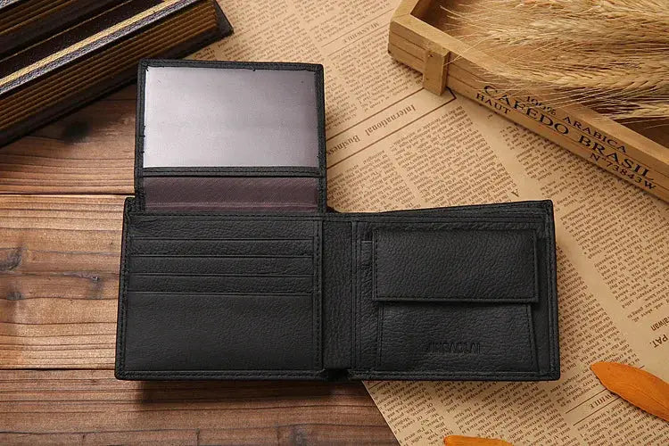 Men's black genuine leather bifold wallet by Simples Market with card slots and ID window
