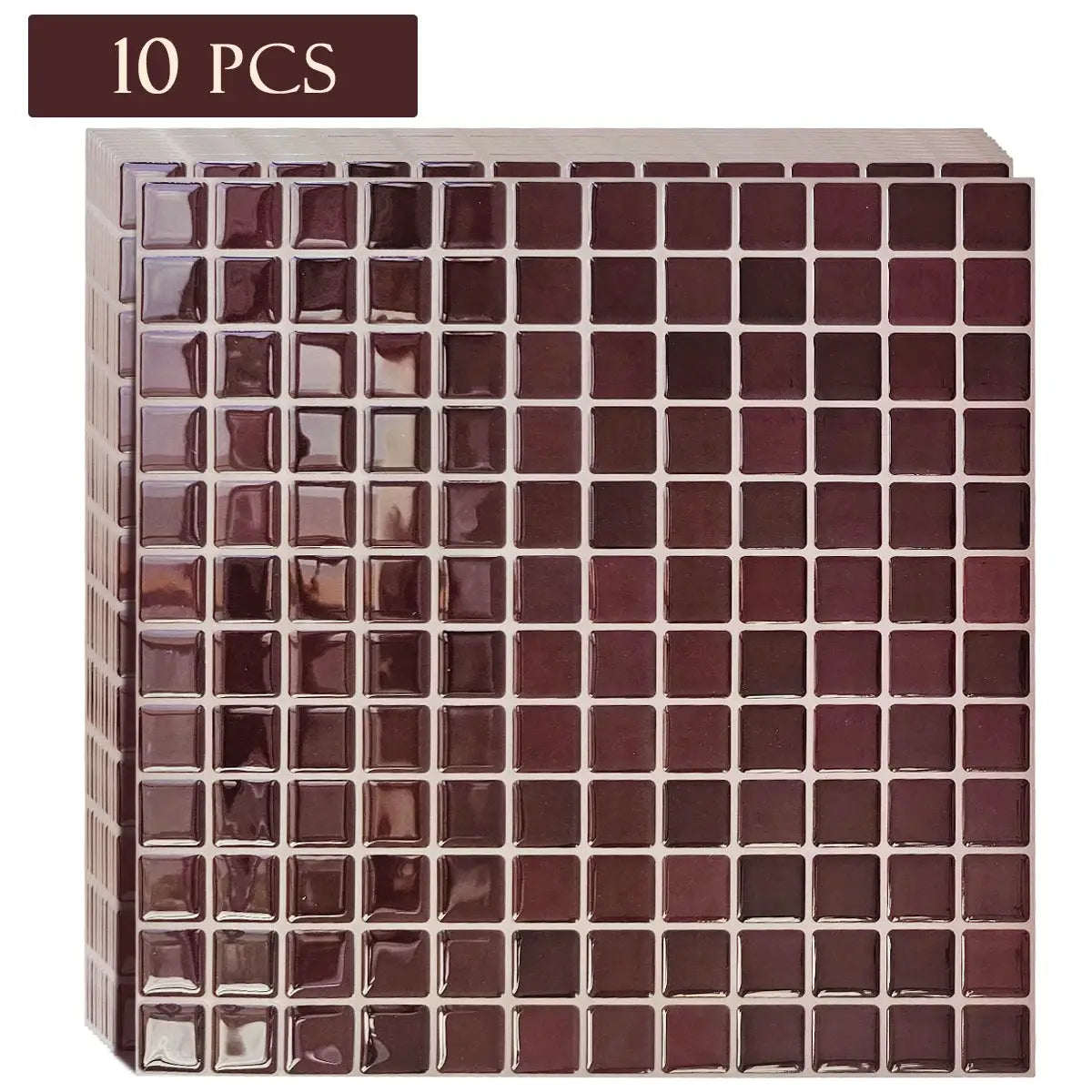 Self-adhesive burgundy mosaic wall tiles, 10-piece, square 3D backsplash by Simples Market, 10.5x10.5 in.