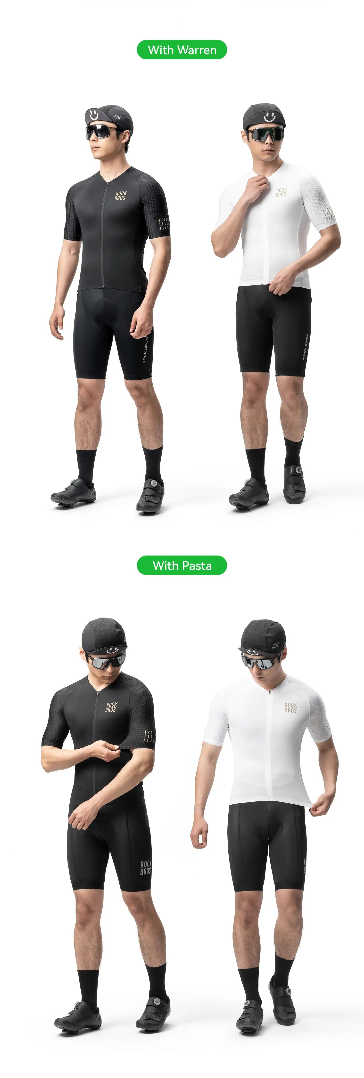 ROCKBROS men’s cycling jersey and shorts set; black and white breathable short-sleeve tops with matching shorts, 4-piece set