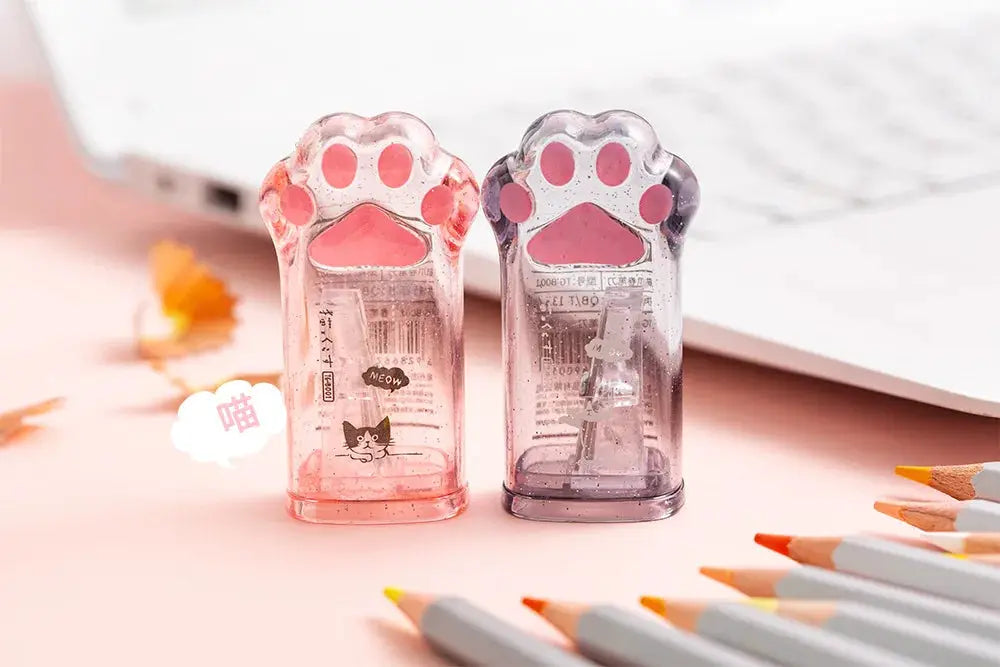 Kawaii cat paw pencil sharpener set, pink and purple translucent plastic, 2-pack