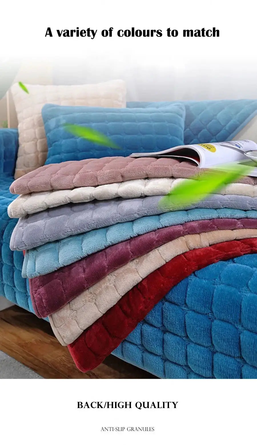 Velvet sofa covers set in assorted colors; plush anti-slip thickened flannel for living room couches.