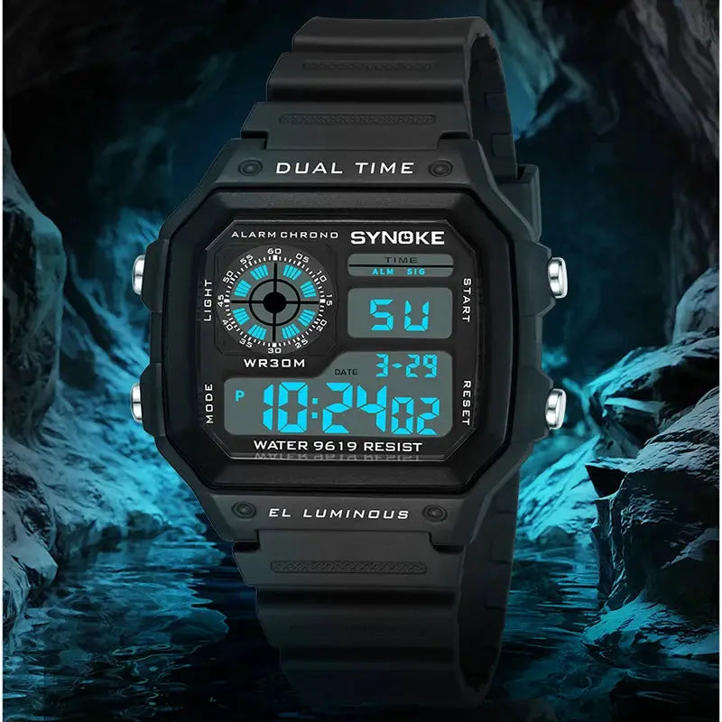 SYNOKE outdoor military digital watch for men, black rugged resin case with blue backlit LCD display