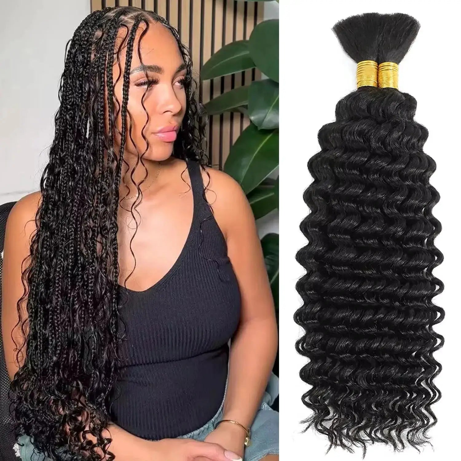Simples Market deep-wave bulk human braiding hair, 100g, no weft, black — shown worn and as a bundle