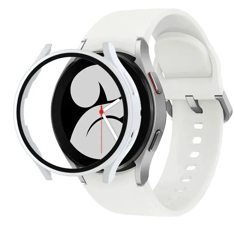 Galaxy Watch bumper case with white matte PC and tempered glass screen protector; fits 40mm/44mm