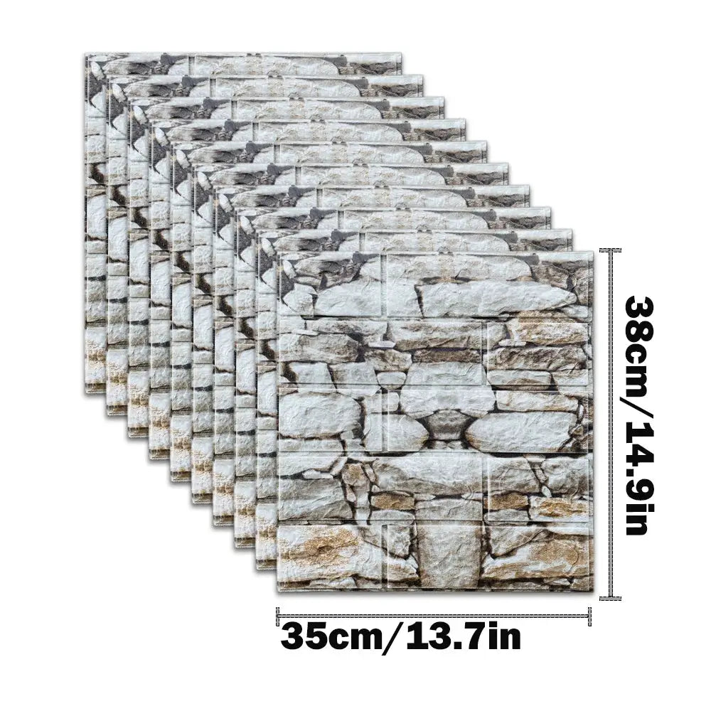 10pcs Simples Market self-adhesive 3D foam brick wall stickers, waterproof peel-and-stick gray stone pattern.