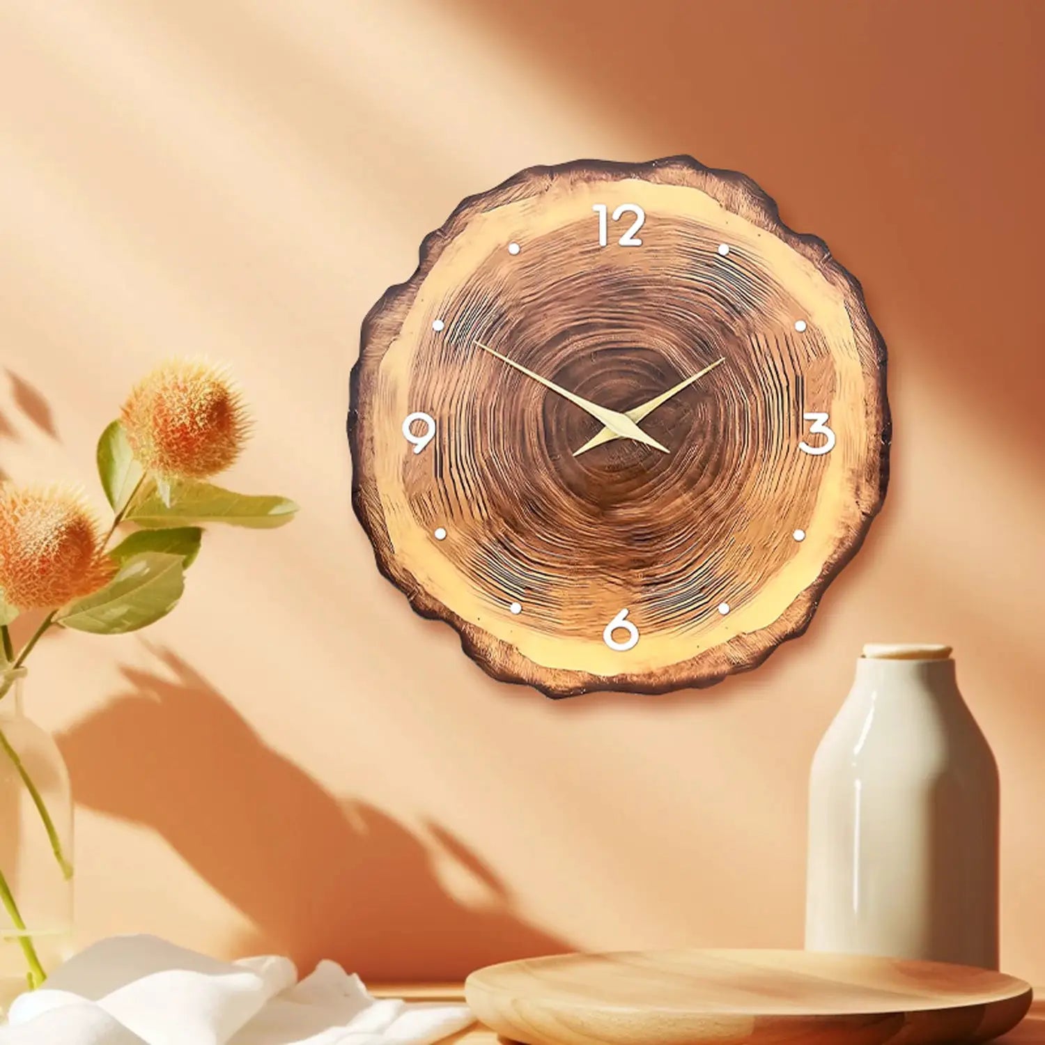 Wooden ring-veneer wall clock with tree-ring texture, solid wood and gold hands, silent movement