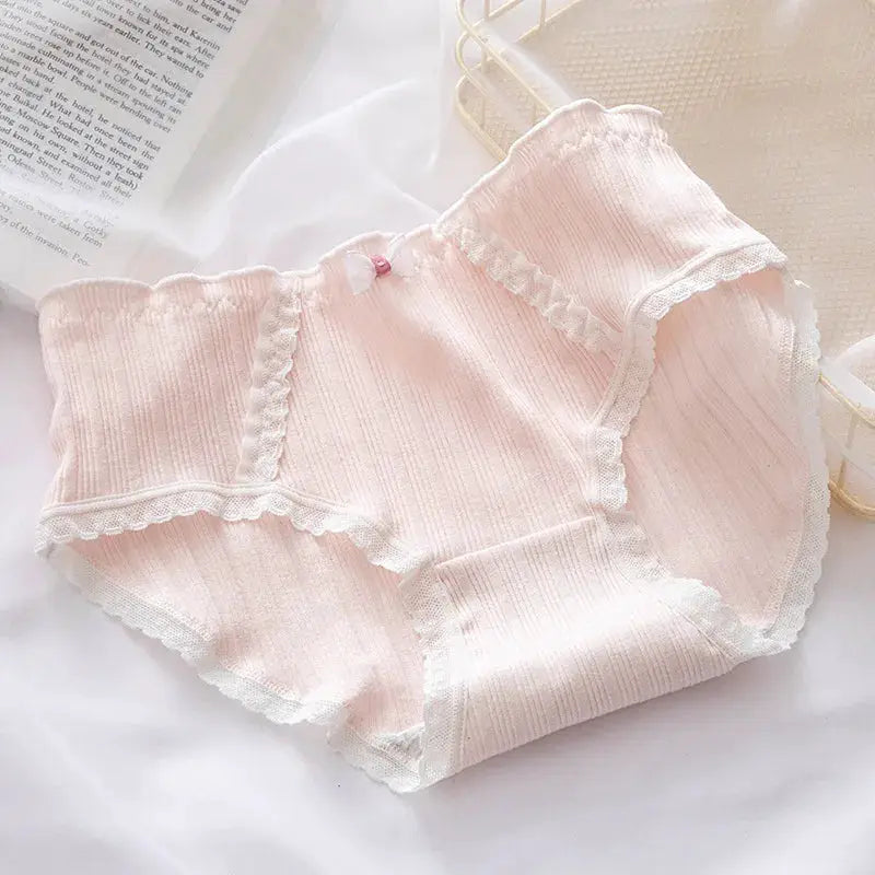 Women’s pink cotton lace panties, 5-piece set; mid-waist briefs with white lace trim and bow, Simples Market
