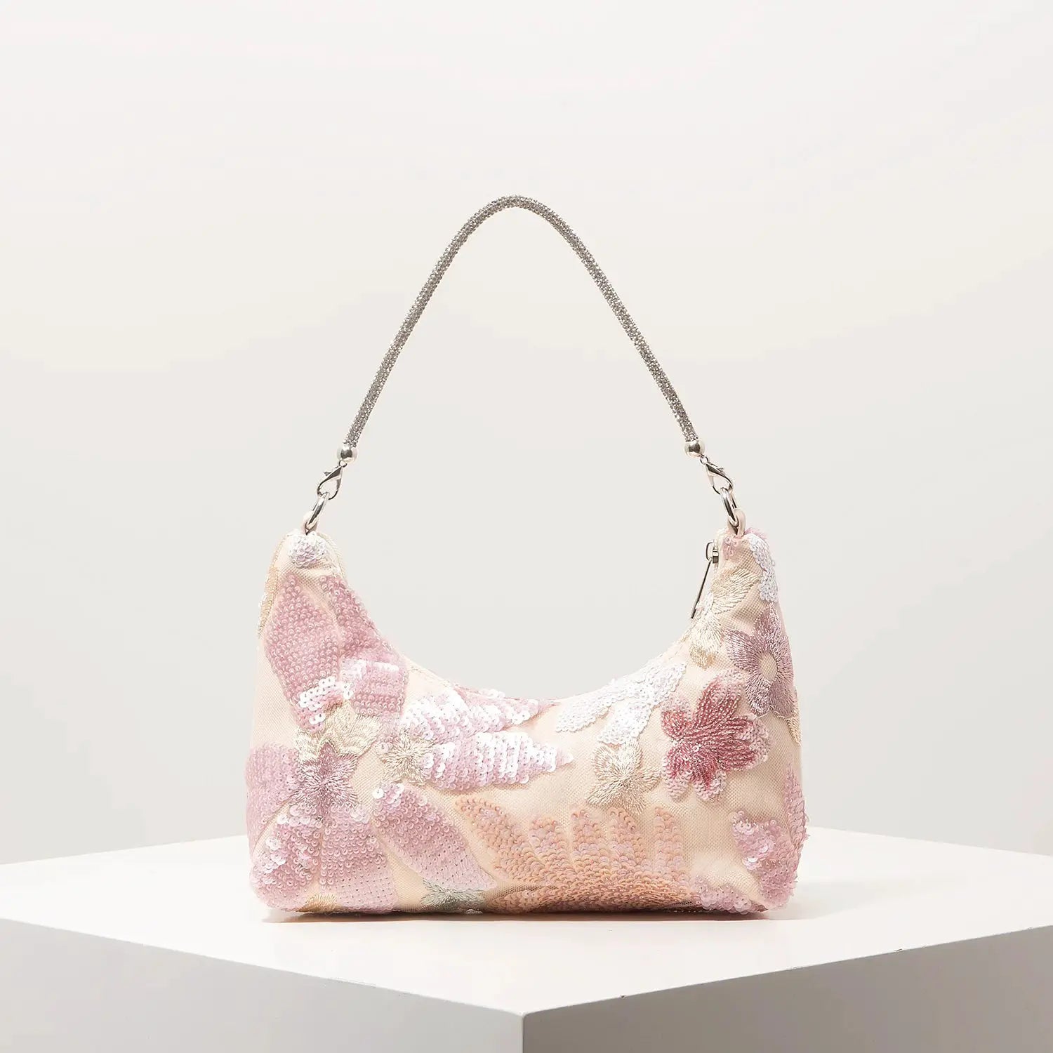 Shoulder bag with pink floral embroidery and sequins, silver chain strap, Simples Market
