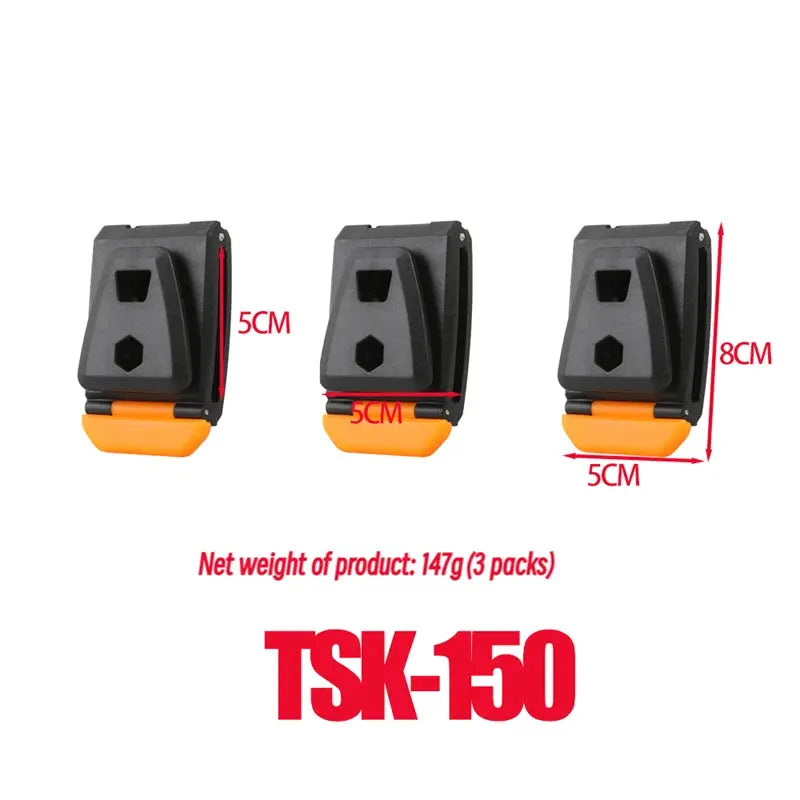 TOOLSTACK work belt quick-release buckle; orange bottom pad, black housing; 3-pack clip hooks shown (5cm/8cm).