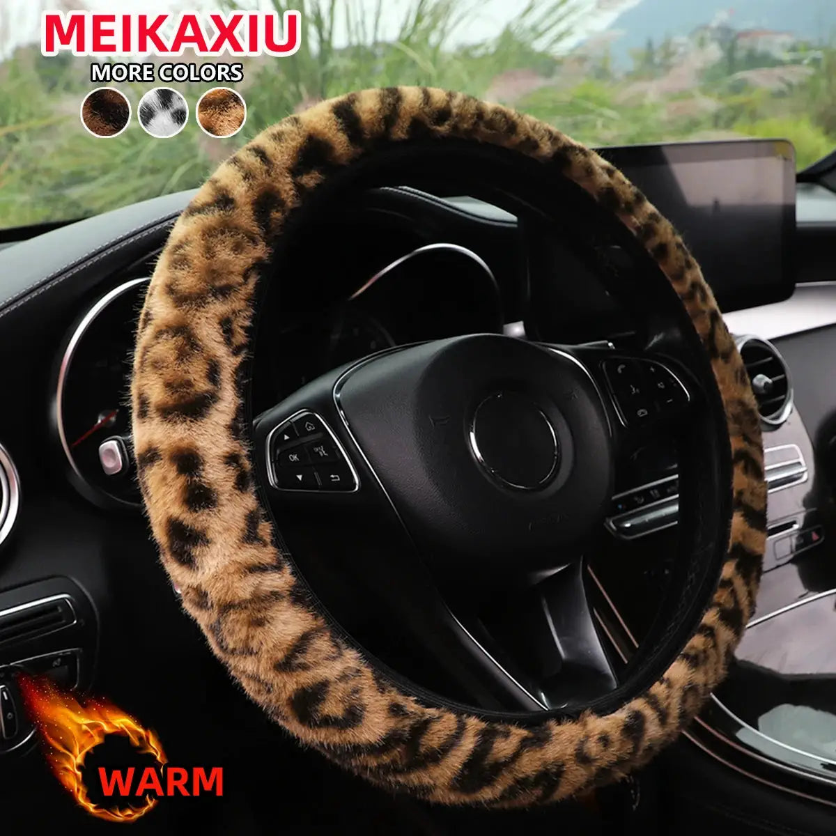 Leopard print plush steering wheel cover for car by Simples Market, warm winter interior accessory