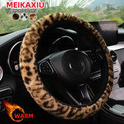 Leopard print plush steering wheel cover for car by Simples Market, warm winter interior accessory